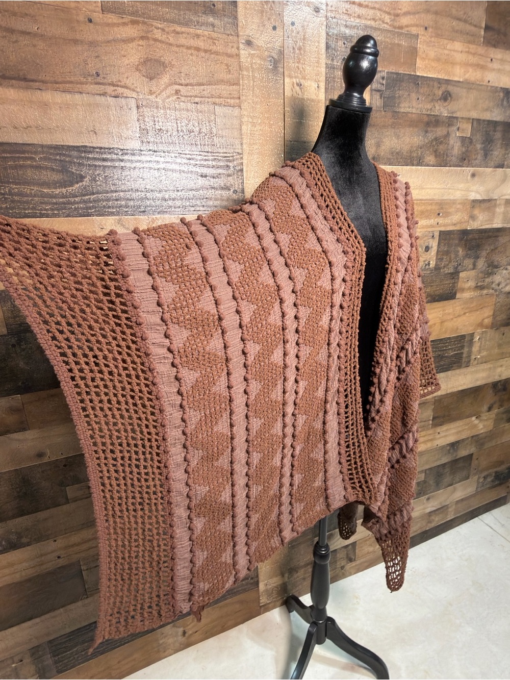 Shyanne Women’s Brown Crochet Sweater Kimono One Size - Picture 3 of 6